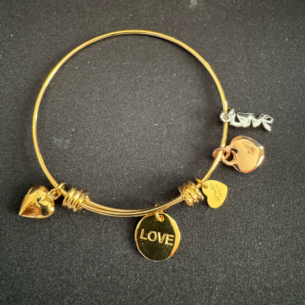 Bronzo Italia W/Gold & Silver Hearts & Love Drop Bangle Bracelet Adjustable